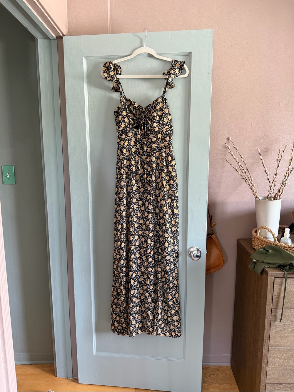Floral Tie-Front Maxi Dress in Black and Cream